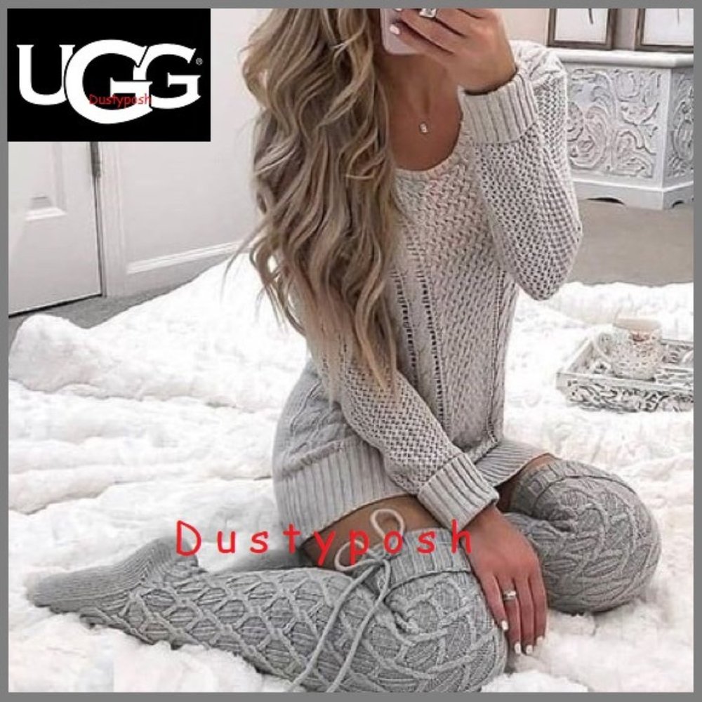 UGG Cable Pom Pom Over Knee Thigh High Socks Boot - Picture 9 of 11